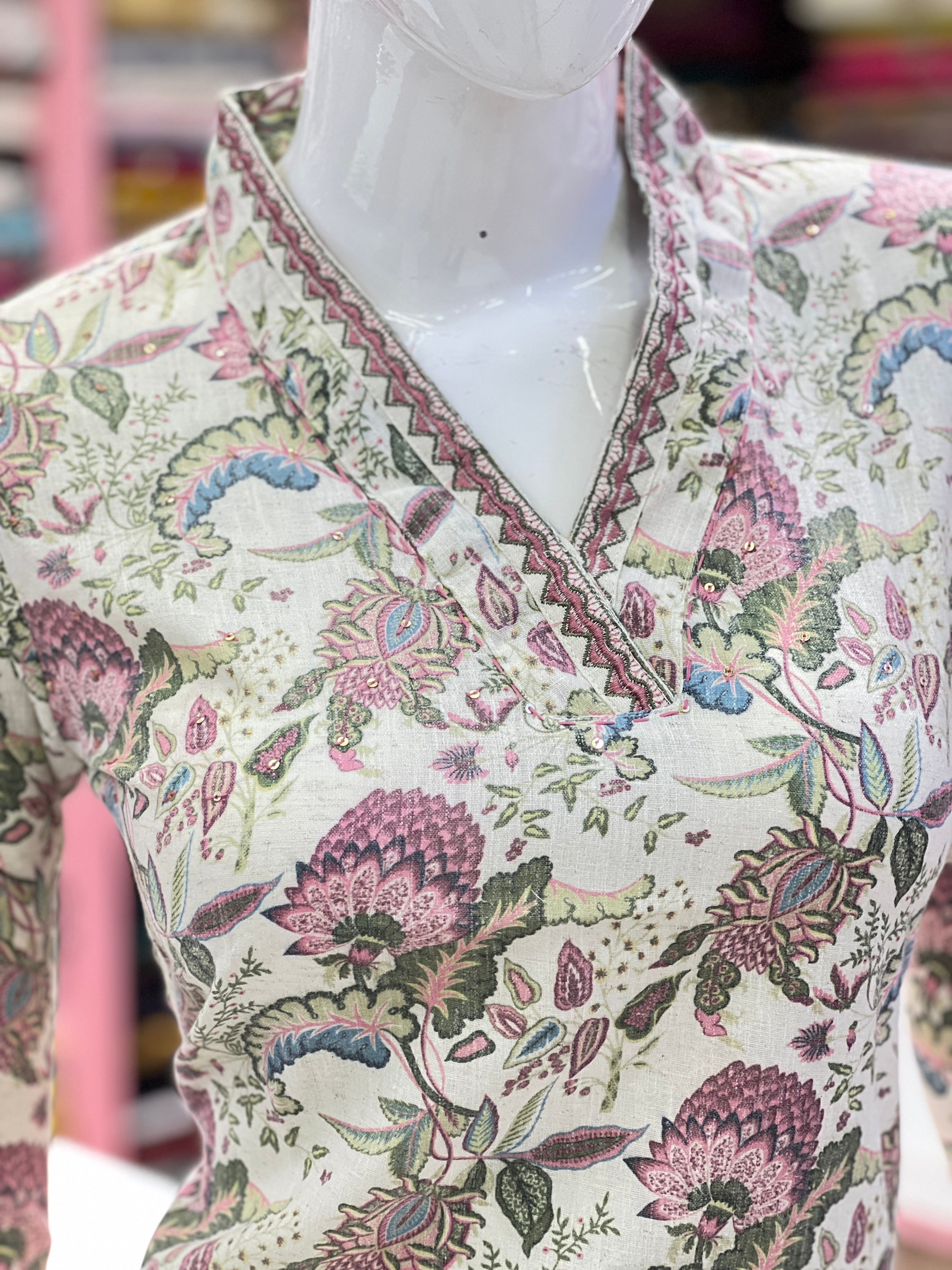 Premium Botanical Print Linen-Cotton Co-ord Set