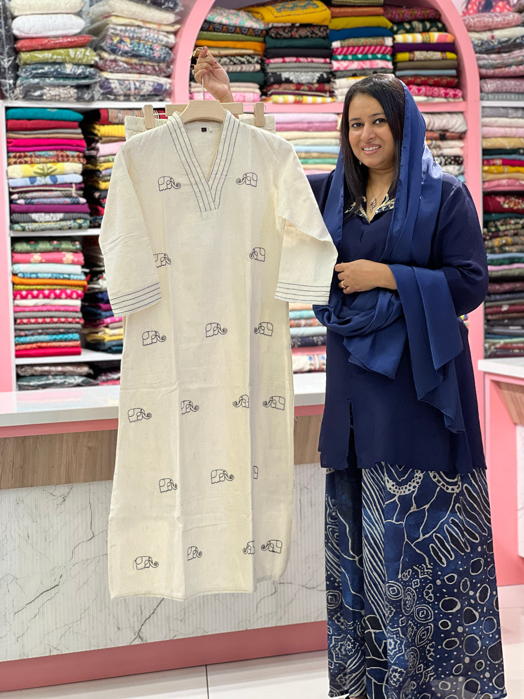 Elephant Embroidered Linen-Cotton Co-ord Set