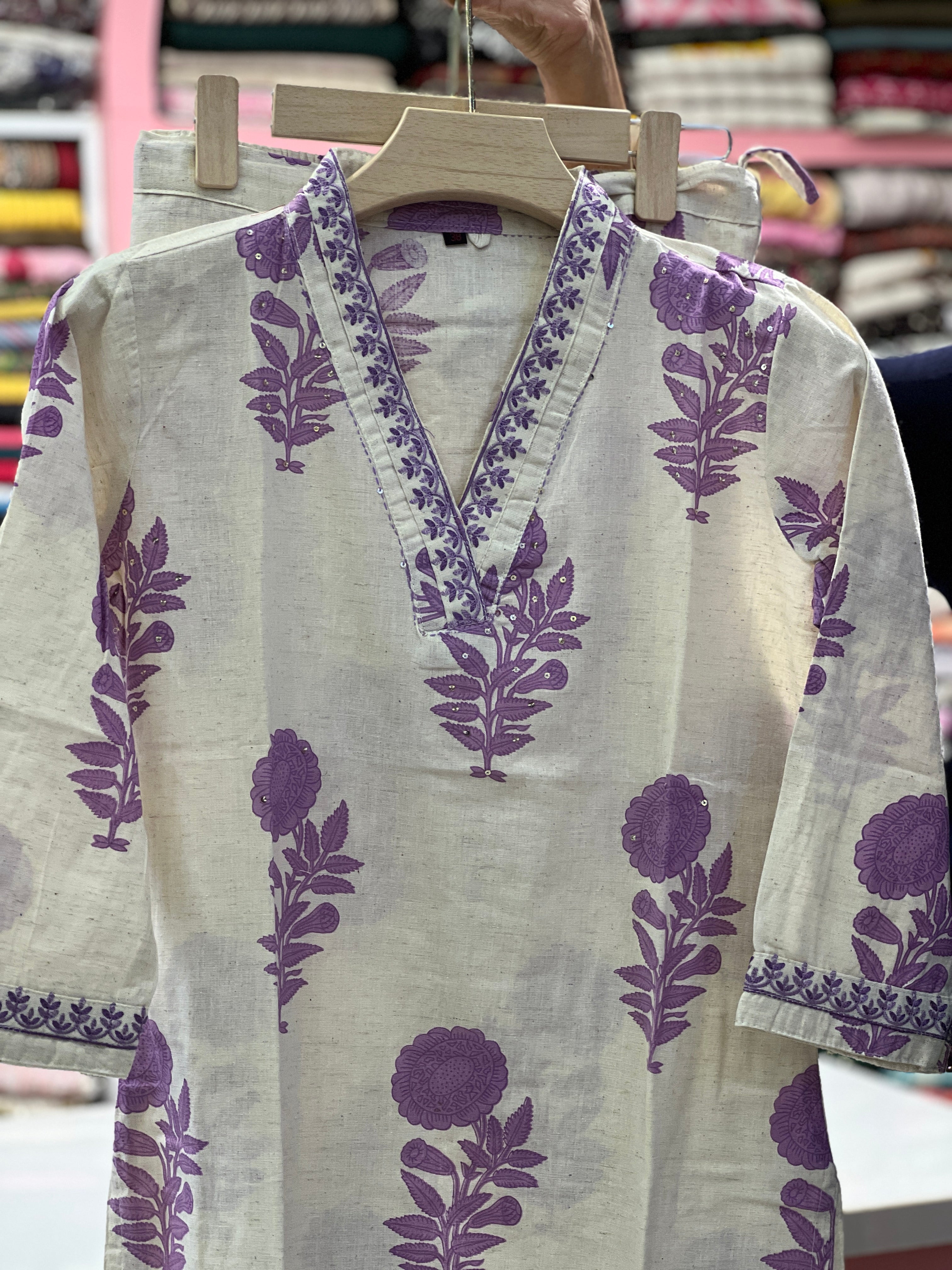 Lavender Floral Block Print Linen-Cotton Co-ord Set
