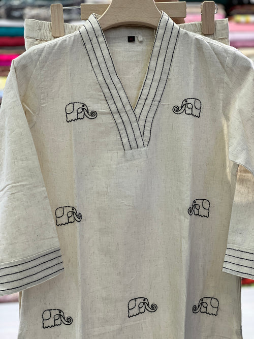 Elephant Embroidered Linen-Cotton Co-ord Set