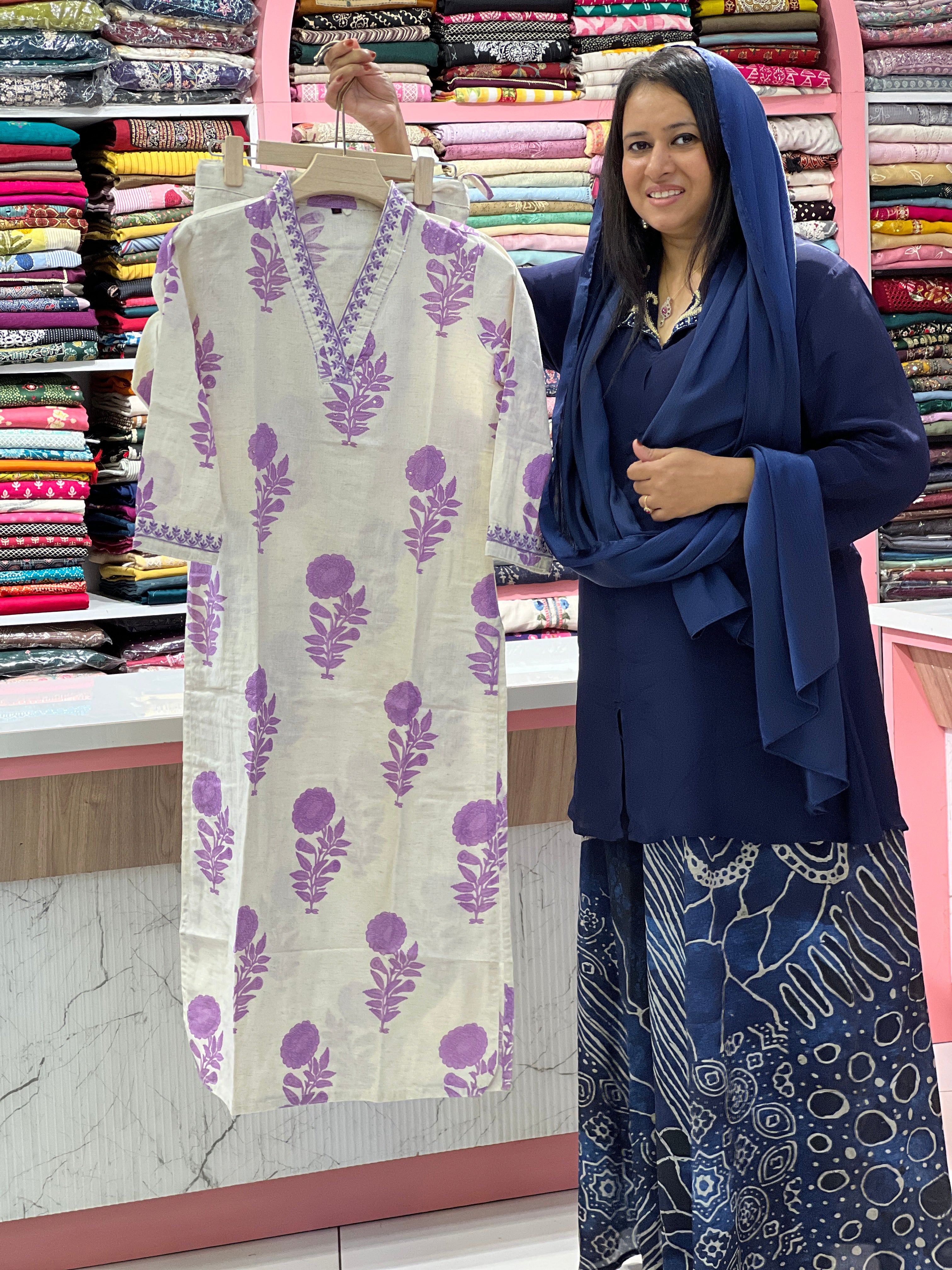 Lavender Floral Block Print Linen-Cotton Co-ord Set