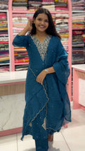 Hand-Embroidered Pure Mul Chanderi 3-Piece Suit Set with Scalloped Dupatta