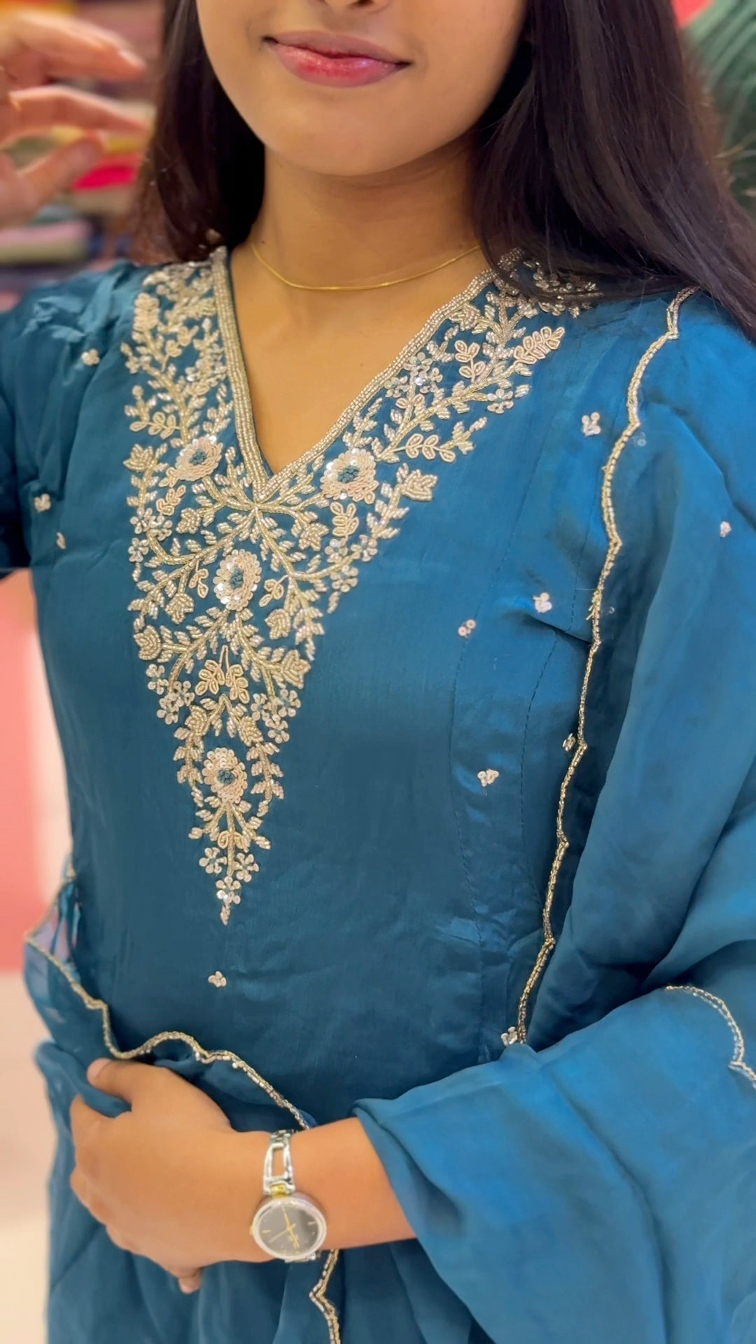 Hand-Embroidered Pure Mul Chanderi 3-Piece Suit Set with Scalloped Dupatta